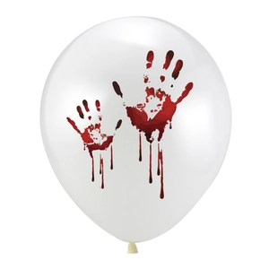 Detailed view of white latex balloon featuring realistic red blood handprint patterns