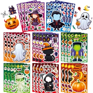 Set of 24 Halloween DIY face stickers featuring witches ghosts and pumpkins for kids party