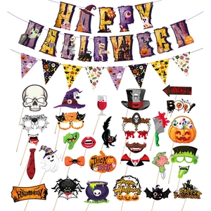 Kit de Décoration de Fête d'Halloween Banderole Happy Halloween Fanions et Accessoires de Photobooth pour Maison