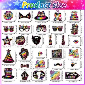 Detailed size chart for 25-piece 2026 New Year party photo booth props and accessories