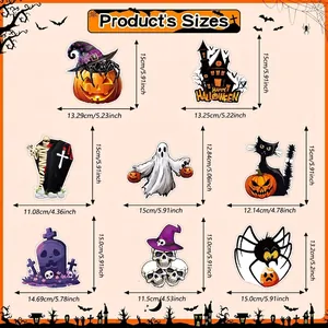 Size chart for 8 Halloween spiral ornaments including pumpkin ghost and haunted house designs