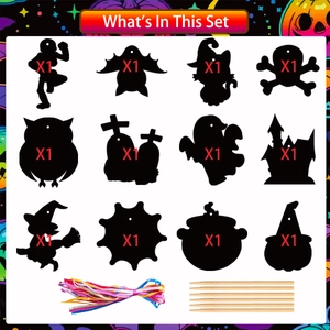 Kit d'art à gratter Halloween avec 12 étiquettes noires comprenant rubans et stylets bois