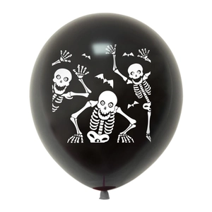 Detail of 12-inch black latex Halloween balloon with white skull and bat print