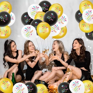 Detail of Happy New Year 2024 balloons in gold, black and white for party decoration