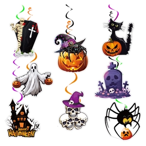 Set of 8 Halloween hanging swirl decorations featuring ghosts, pumpkins, and black cats