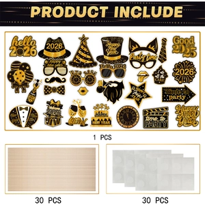 Detail of 2026 New Year party photo props set with gold glitter cardstock and bamboo sticks