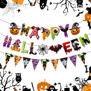 Dettaglio del set di striscioni Happy Halloween con motivi di zucche e fantasmi per festa