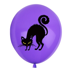 Close-up of a purple Halloween latex balloon featuring a spooky black cat print with yellow eyes