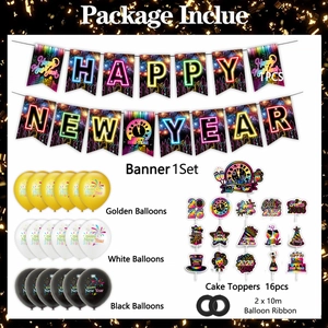 Set decorazioni Capodanno 2026 con striscione neon, palloncini e topper per torte