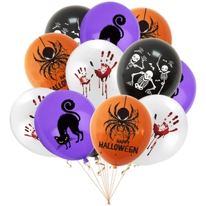 Halloween party balloons set with spider webs, skeletons, and bloody handprints prints