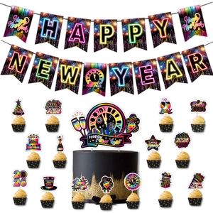 Set striscione e topper per torta Happy New Year 2026 con fuochi d'artificio al neon