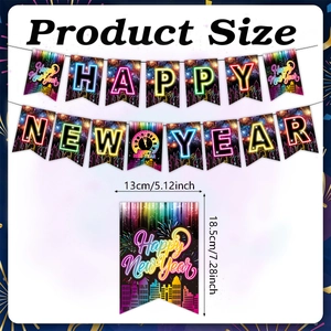 Détail de la bannière Happy New Year avec lettres néon et dimensions du produit
