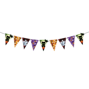 Festone di Halloween con 9 bandierine triangolari e motivi di zucche, fantasmi e gatti
