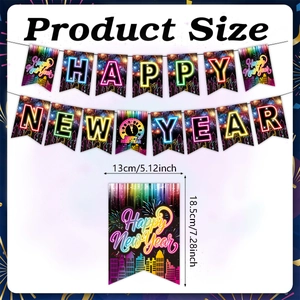 Neon Happy New Year party banner size guide with 13cm by 18.5cm flags for NYE decorations