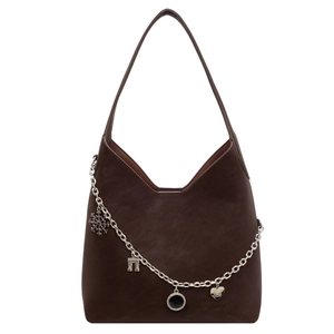 Dark brown matte hobo tote bag with silver chain and decorative charms for women
