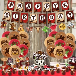 Western cowboy birthday party decoration set with banners, balloons, and cake toppers