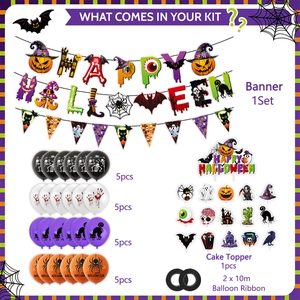 Set decorazioni Halloween con banner Happy Halloween, palloncini e topper per torte