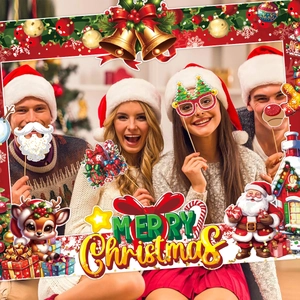 Christmas party photo booth prop set with Merry Christmas frame and festive glasses