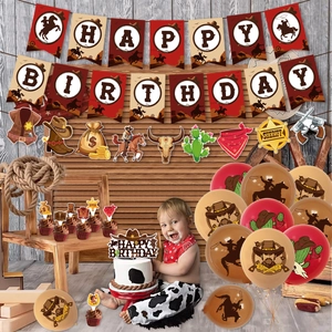 Western cowboy themed birthday party set with latex balloons and birthday banner