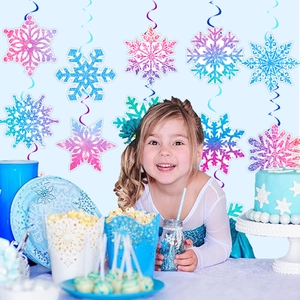 Sparkling snowflake spiral pendants in blue and pink for winter theme party decorations