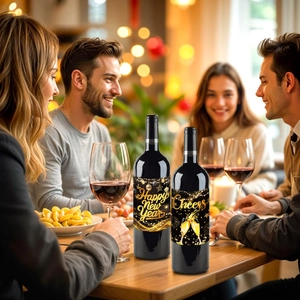 Detail of 2026 Happy New Year wine bottle labels with gold fireworks on black background