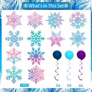 Winter snowflake party set with glitter flakes and blue spiral hanging decorations