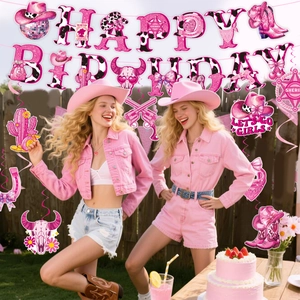 Rosa Western-Cowgirl Geburtstagsparty-Deko-Set mit Happy Birthday Banner und Spiralen