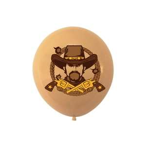 Detailed view of a tan latex balloon featuring a vintage western cowboy hat and pistols print