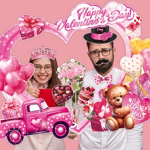 Close-up of Happy Valentine's Day photo frame and colorful paper props set for party events