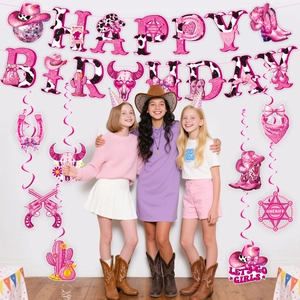 Rosa Cowgirl Geburtstagsparty Deko-Set mit Bannern und Wirbeln im Kuh-Print-Design