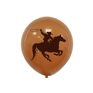 Detail of a brown cowboy party balloon with a silhouette of a rider and lasso