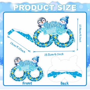 Winter Wonderland party glasses with snowman and penguin designs, front and back views