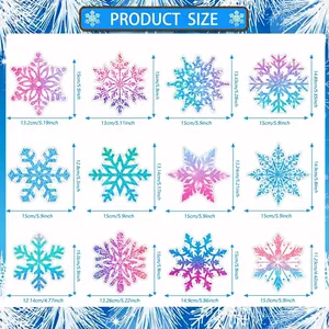 Size chart for 12 gradient glitter snowflake decorations for Christmas winter party