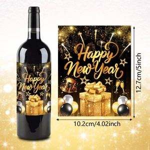Happy New Year 2026 wine bottle labels with black and gold fireworks party design