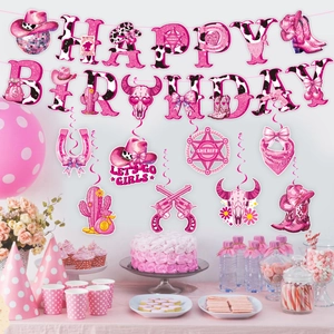 Rosa Westliche Cowgirl-Geburtstagsparty-Banner und Spiral-Deko auf dem Desserttisch