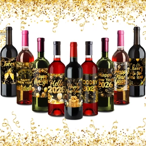 Étiquettes de bouteilles de vin Bonne Année 2026 décorations de fête noir et doré
