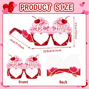 Valentine's Day party paper glasses with 'Be Mine' cupcake design and size dimensions