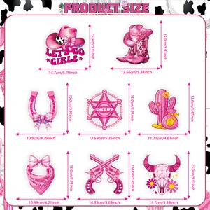 Detaillierte Größentabelle für rosa Western Cowgirl Party Sticker inklusive Stiefeln