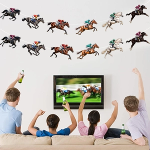 Pferderennen-Partybanner mit bunten nummerierten Jockeys für die Wanddekoration zu Hause
