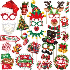 Detailed set of 25 Christmas photo booth props with Santa hats and reindeer antlers