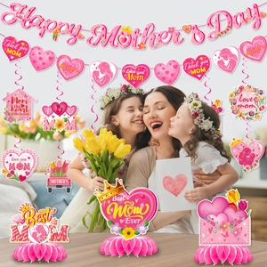 Pink Mother's Day party decor set with Happy Mother's Day banner and flower ornaments
