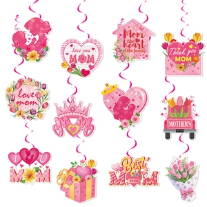 Décorations de Spirales Suspendues pour la Fête des Mères Cœur Rose Fleur Couronne Cartes Suspendues Double Face pour Plafond Fête Maison