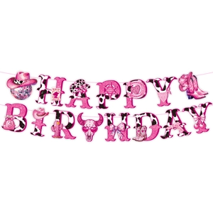 Rosa Western-Cowboy Happy Birthday Banner mit Discokugeln und glitzernden Stiefeln