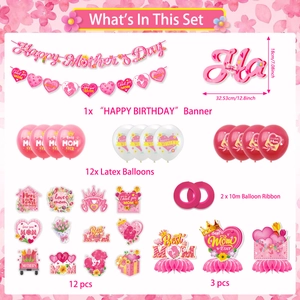 Pink Mother's Day decoration set with Happy Mother's Day banner and latex balloons