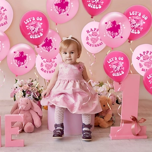 Ballons de fête cow-girl roses avec imprimés Lets Go Girls et Happy Birthday enfant