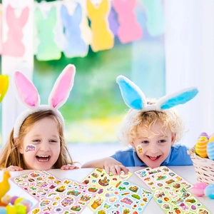 Children using Easter bunny stickers and temporary tattoos in a festive party setting