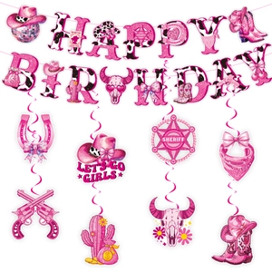 Rosa Western Cowgirl Geburtstag Party Dekoration Rosa Glitzer Happy Birthday Banner Hängende Wirbel Set Kuhmuster Girlande