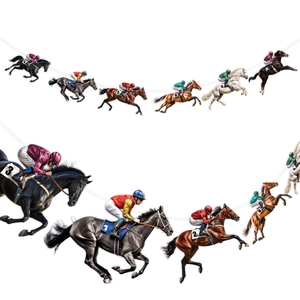 Pferderennen Party Banner mit bunten Jockeys und Pferden in Sprungposen für Deko