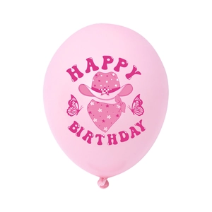 Ballon rose Happy Birthday Cowgirl avec chapeau de cowboy, bandana et papillons