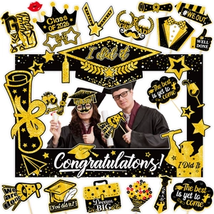 2026 graduation party photo booth props kit with black and gold frame and hand-held signs